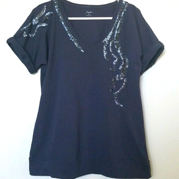 Motto Rolled Short Sleeve Embellished Oversized Boho Artsy top medium - Picture 1 of 6